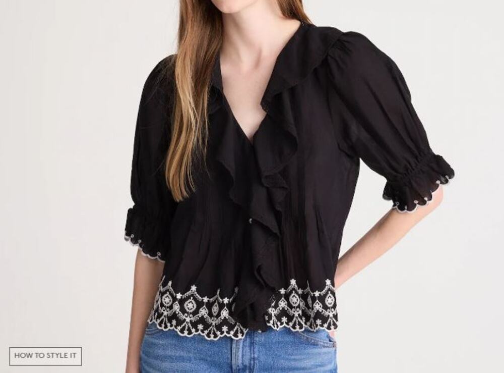 Madewell Black Ruffle V-Neck Blouse with White Embroidered Hem